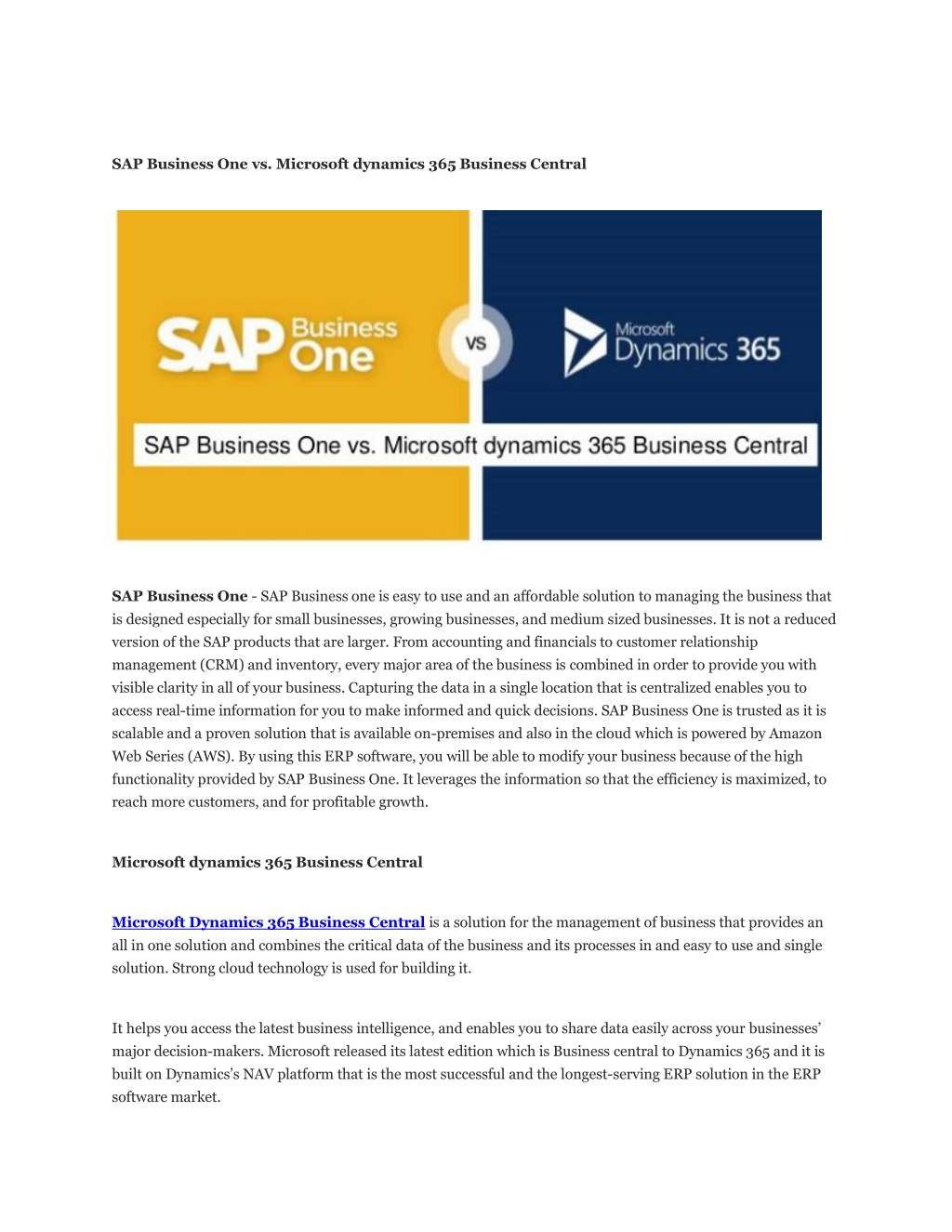 PPT SAP Business One Vs Microsoft Dynamics 365 Business Central