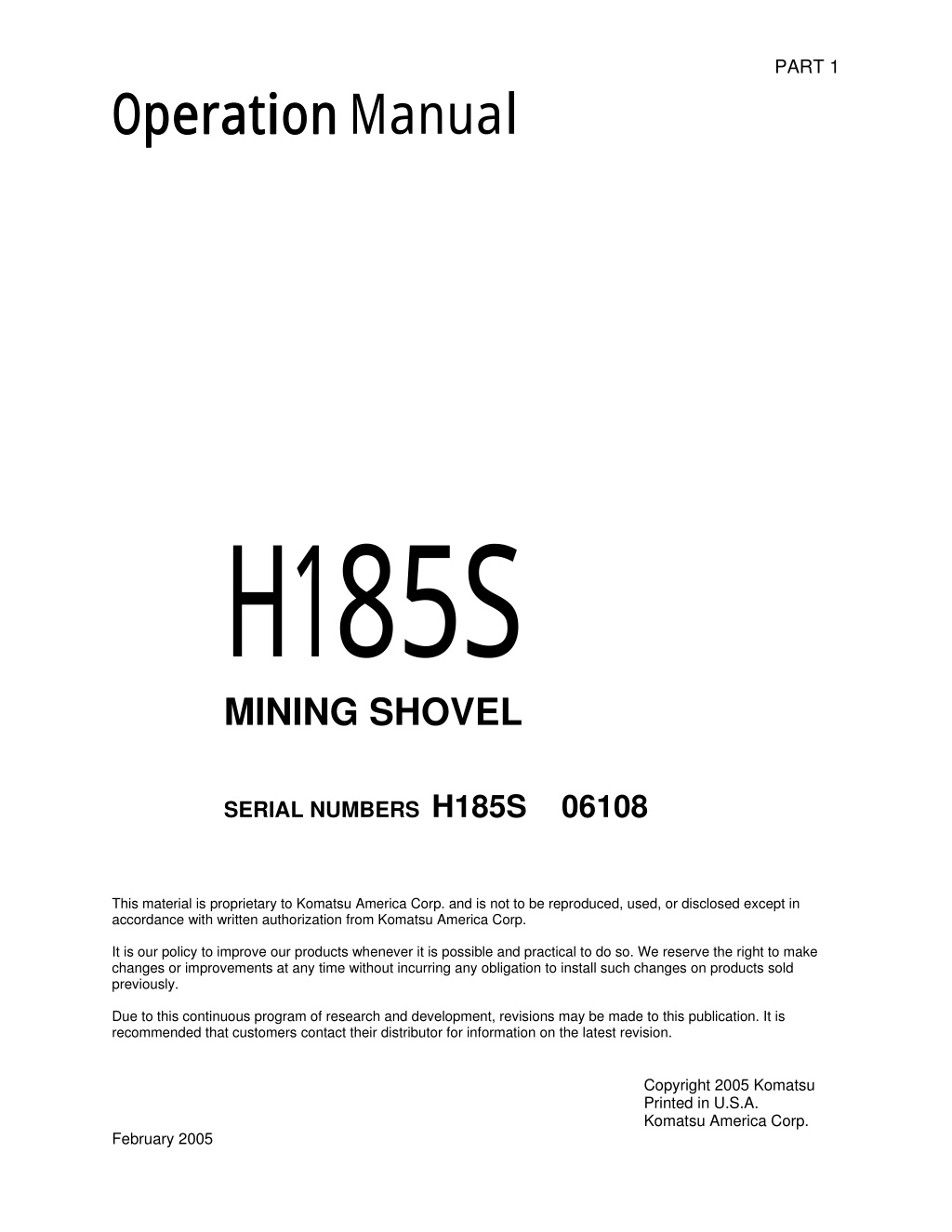 PPT Komatsu H185S Mining Shovel Service Repair Manual SN 06108