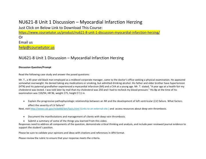 PPT NU621 8 Unit 1 Discussion Myocardial Infarction Herzing