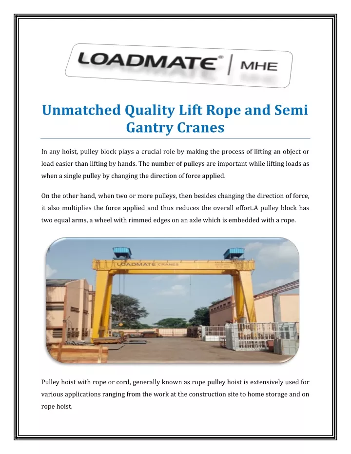 unmatched quality lift rope and semi gantry cranes n.