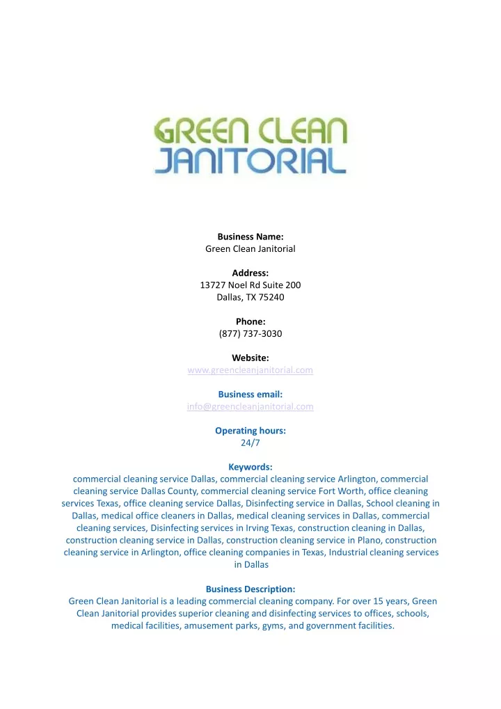 business name green clean janitorial address n.