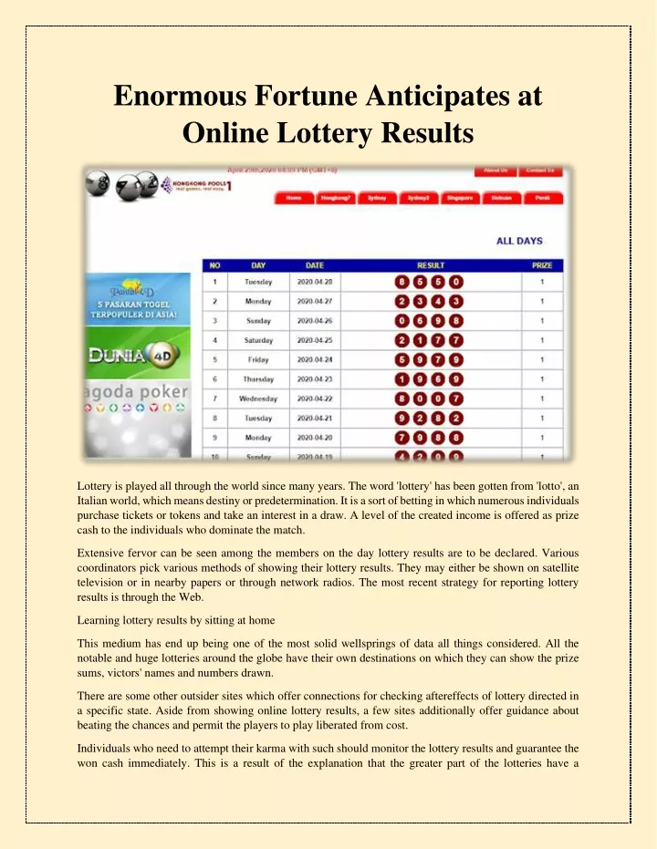 enormous fortune anticipates at online lottery n.