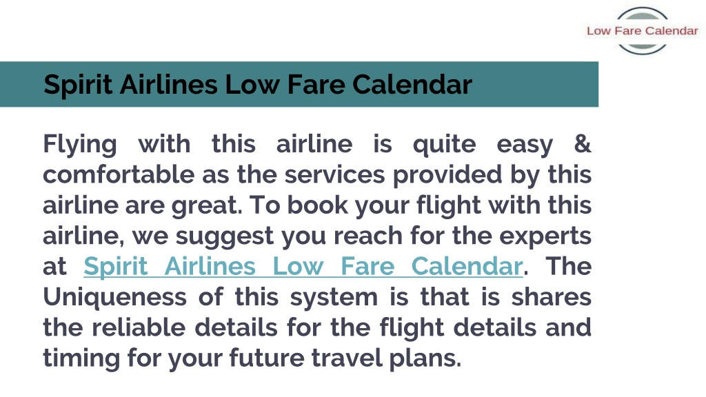 PPT Spirit Airlines Low Fare Calendar PowerPoint Presentation, free