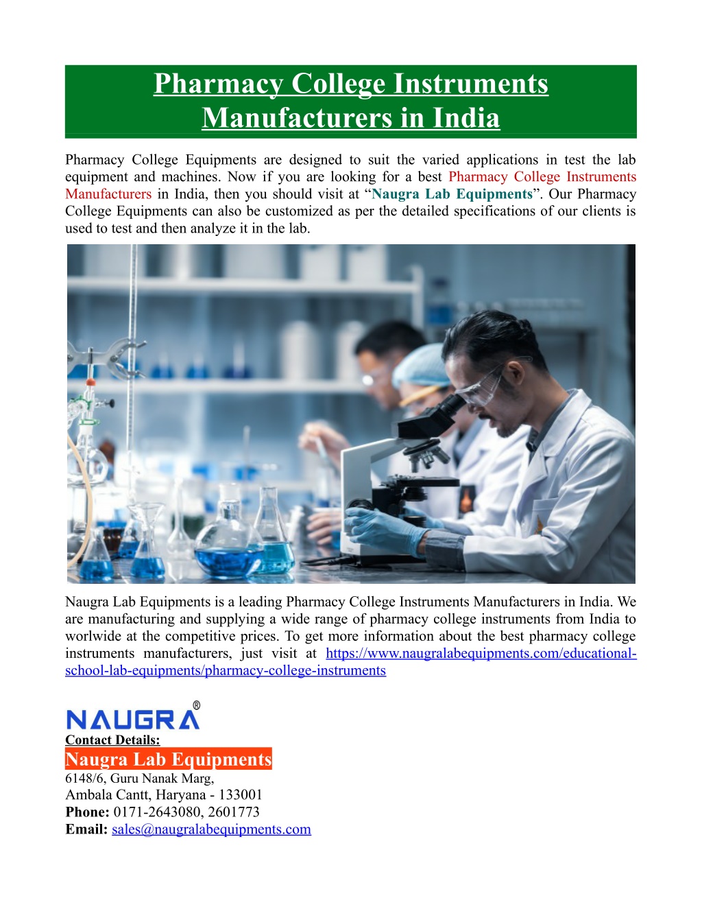 Manufacturer of Pharmacy Laboratory Equipment & Pharmacy College