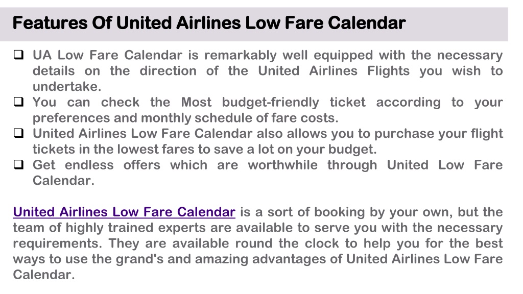 PPT United Airlines Low Fare Calendar PowerPoint Presentation free