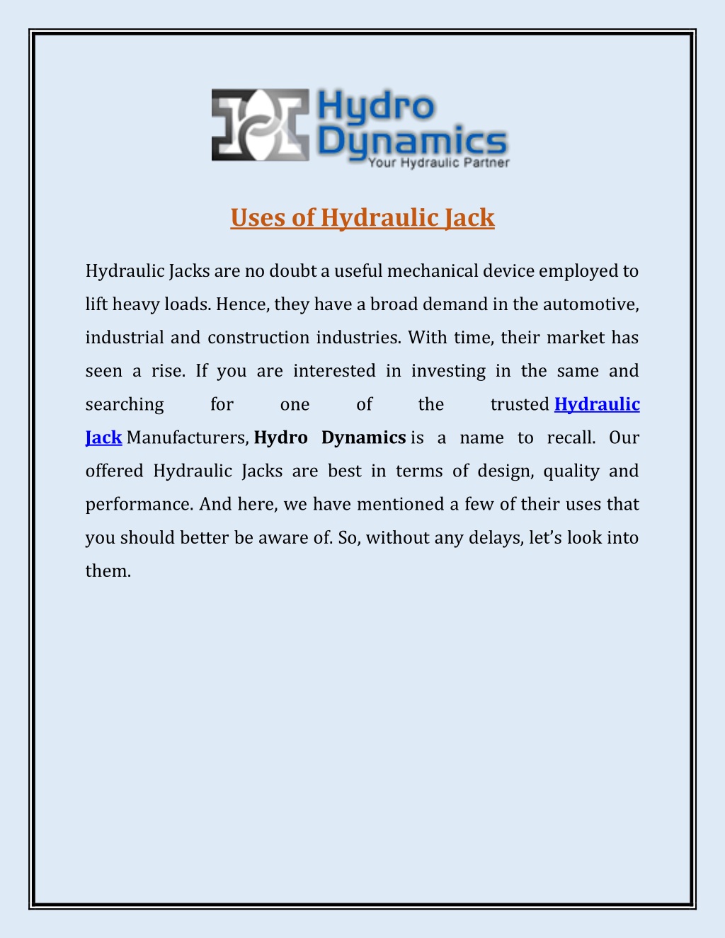 PPT - Uses Of Hydraulic Jacks - Hydraulic Cylinder PowerPoint ...