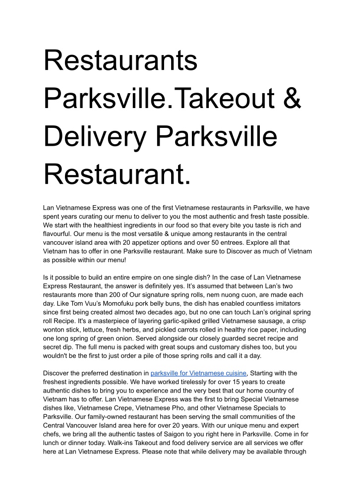 restaurants parksville takeout delivery n.