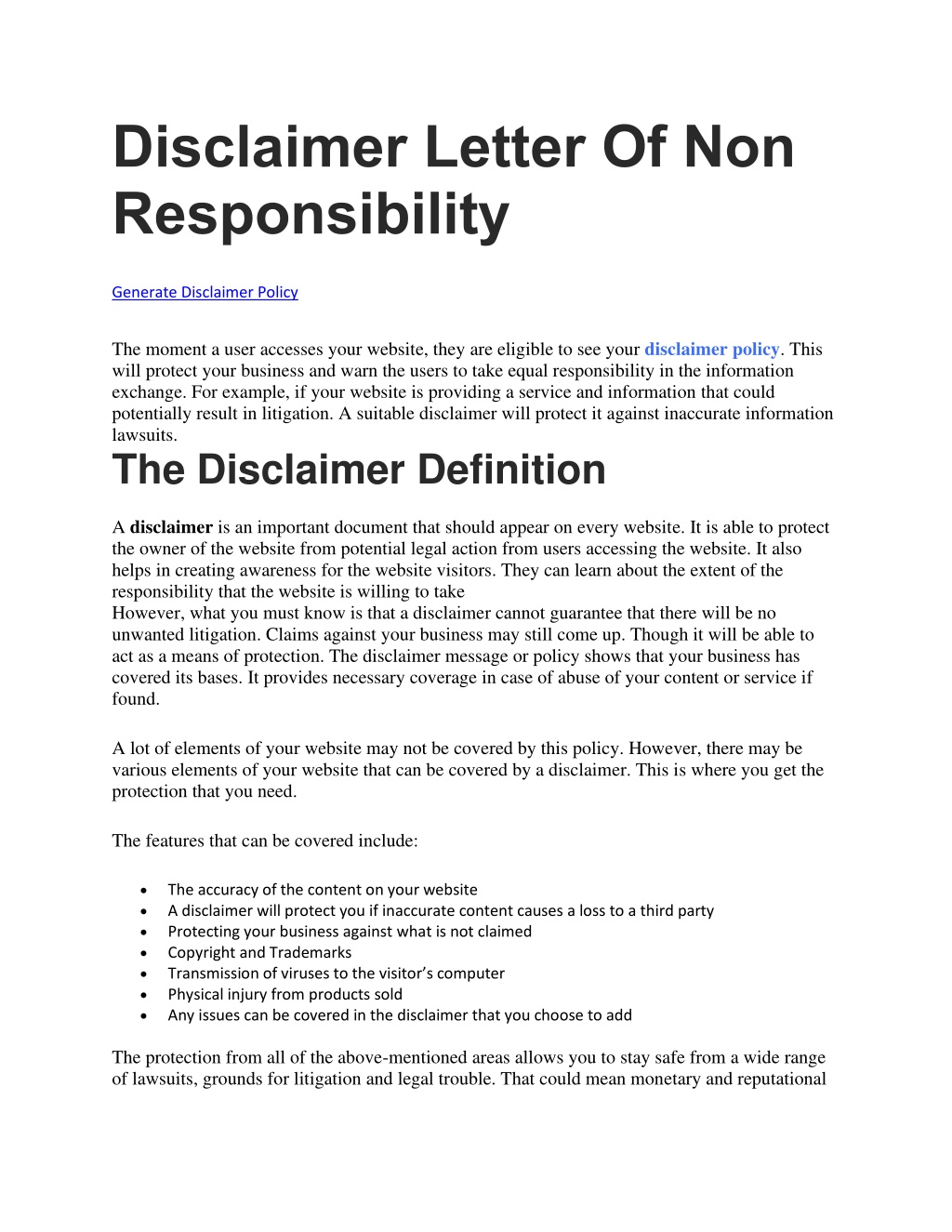 Disclaimer Letter Of Non Responsibility