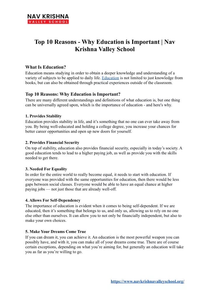 PPT Top 10 Reasons Why Education Is Important Nav Krishna Valley 