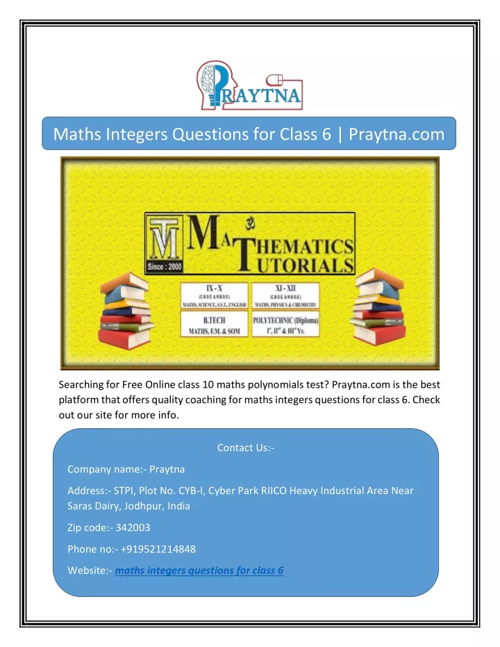 Ppt maths integers questions for class 6 praytna powerpoint