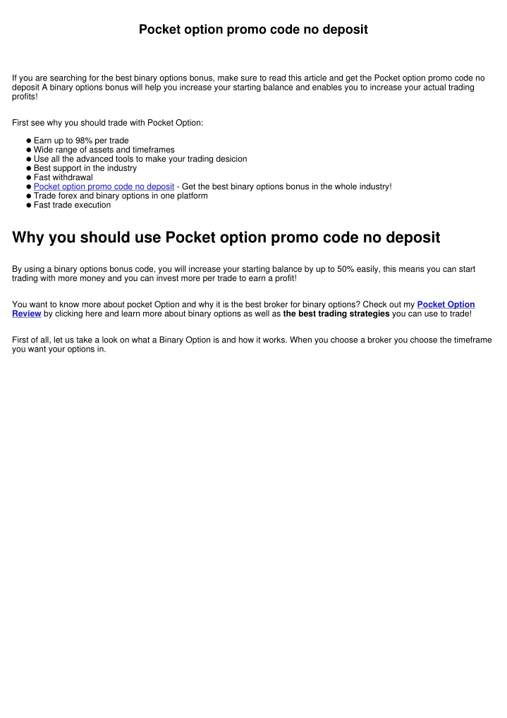 Pocket Option Promo Code No Deposit