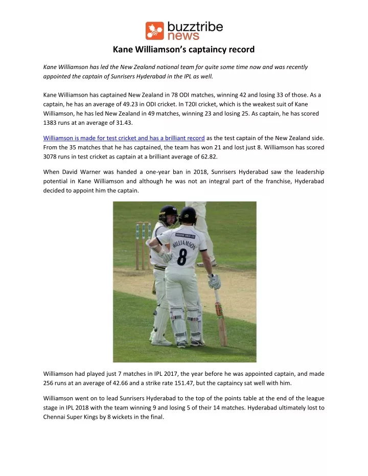 Ppt - Kane Williamson’s Captaincy Record Powerpoint Presentation, Free 