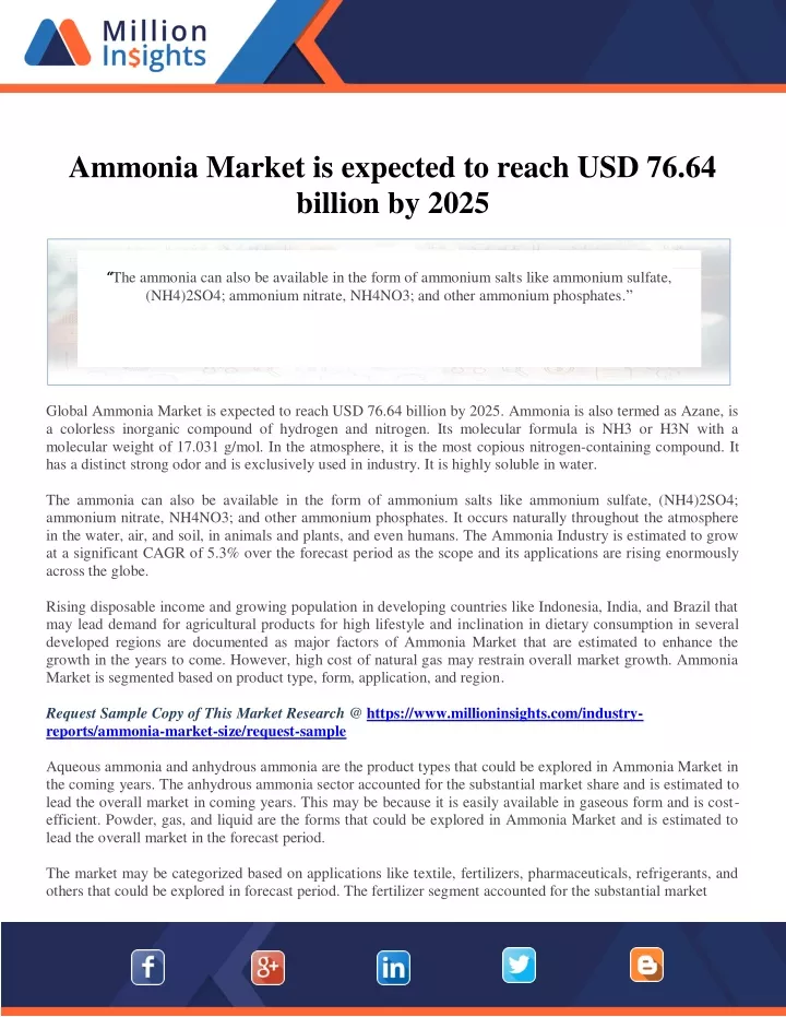 PPT Ammonia Market is expected to reach USD 76.64 billion by 2025