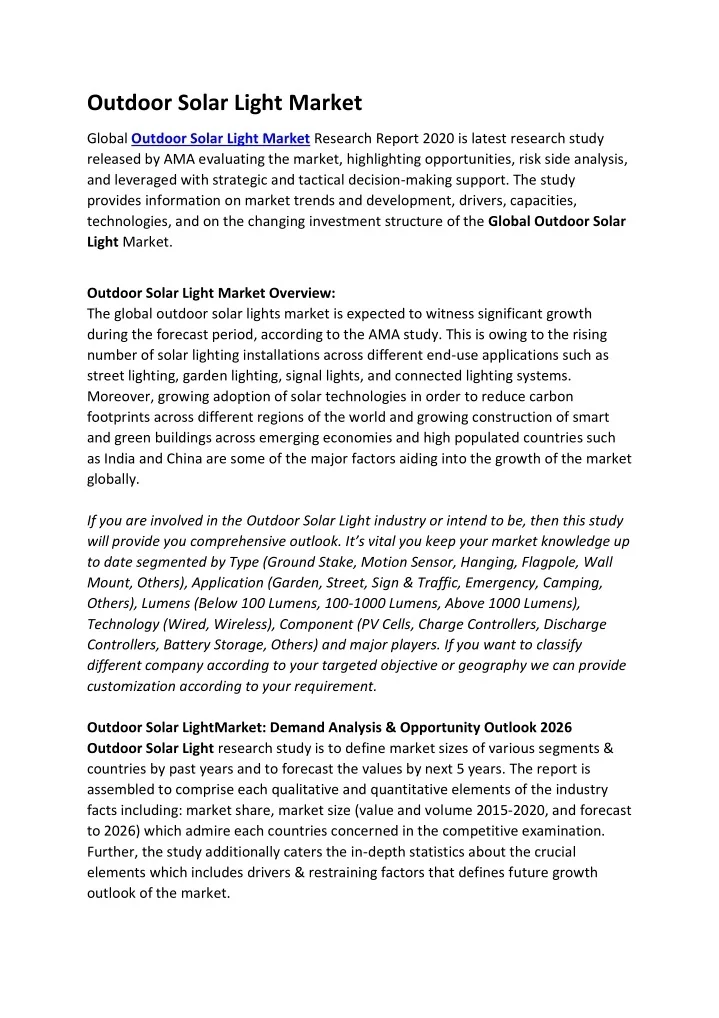 PPT Outdoor Solar Light Market Review 2021 Growth Seen on Heavy