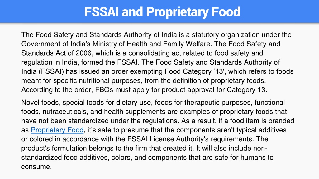 PPT FSSAI Blocks Category 13 Related to Nutritional use from Proprietary Food PowerPoint