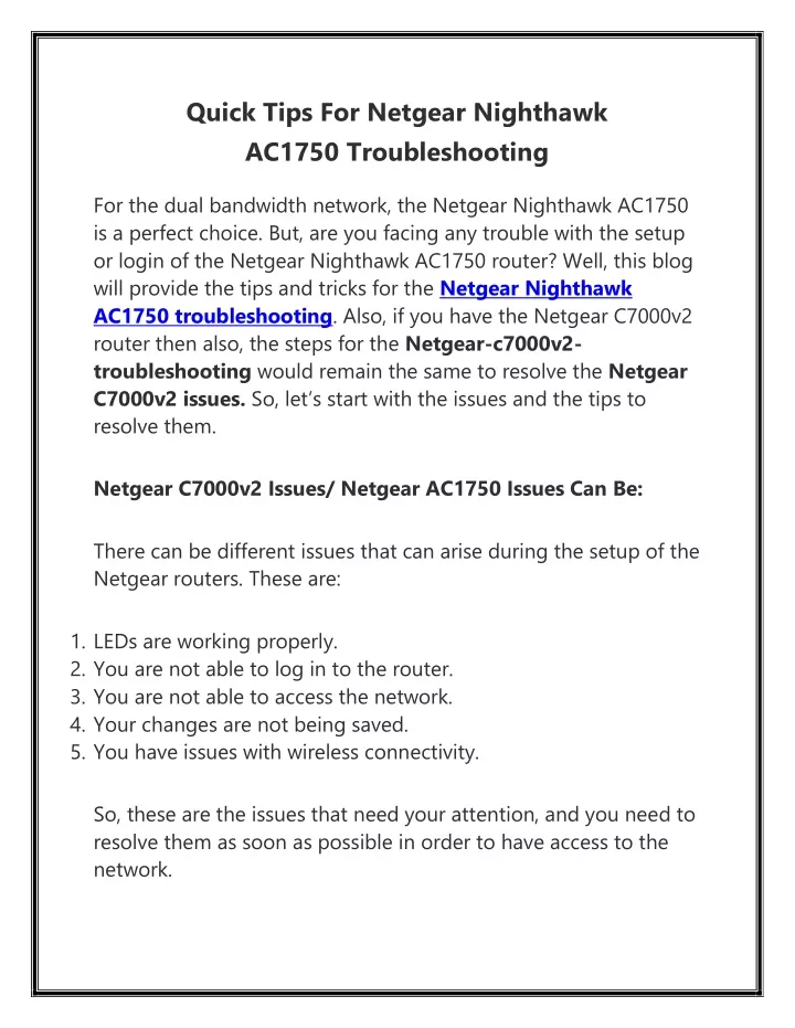 PPT Quick Tips For Netgear Nighthawk AC1750 Troubleshooting