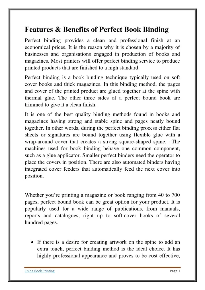 PPT Features & Benefits of Perfect Book Binding PowerPoint