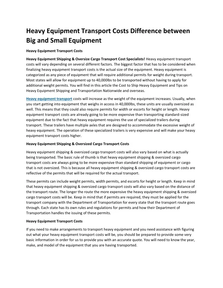PPT Heavy Equipment Transport Costs Difference between Big and Small Equipment PowerPoint
