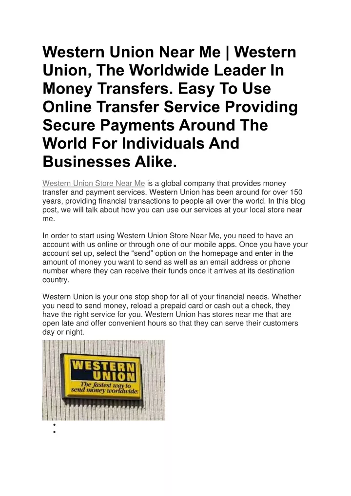 Ppt western union near me western union the worldwide leader in money