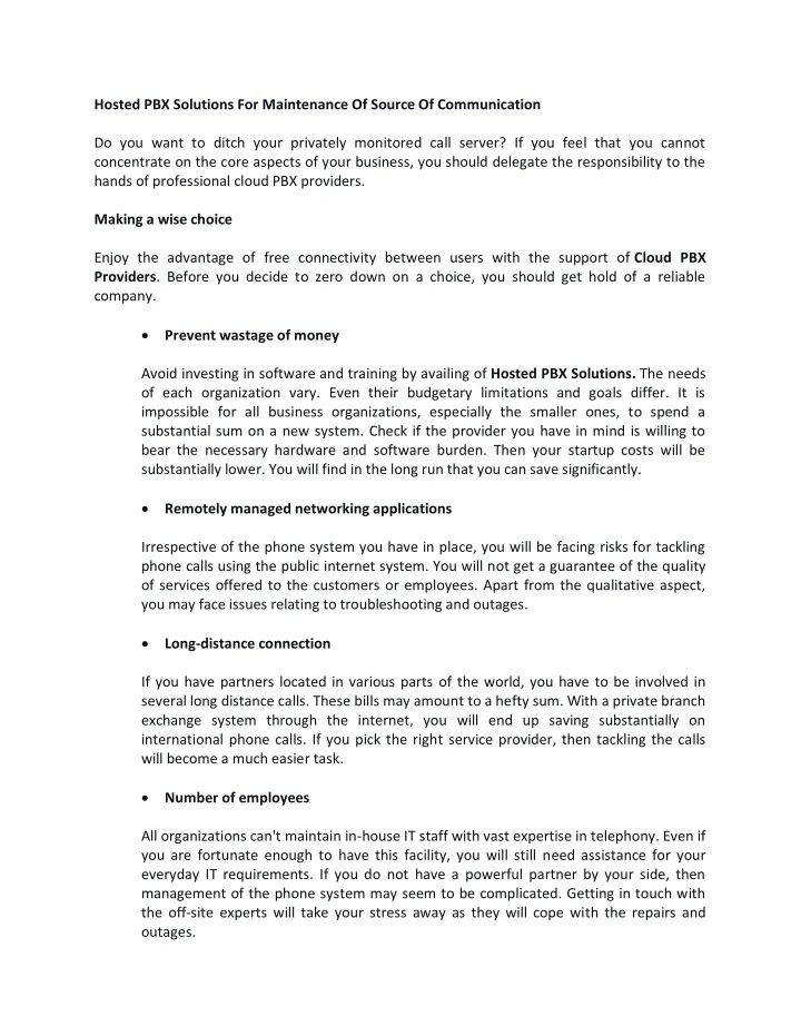 PPT Hosted PBX Solutions For Maintenance Of Source Of Communication