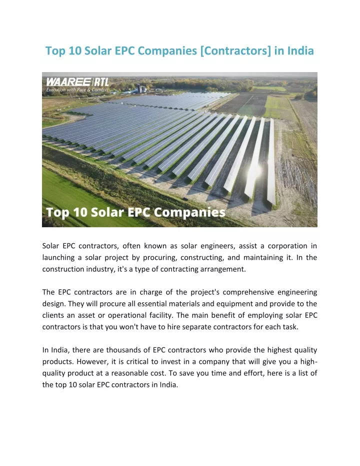 Top 10 Solar Epc Companies In India