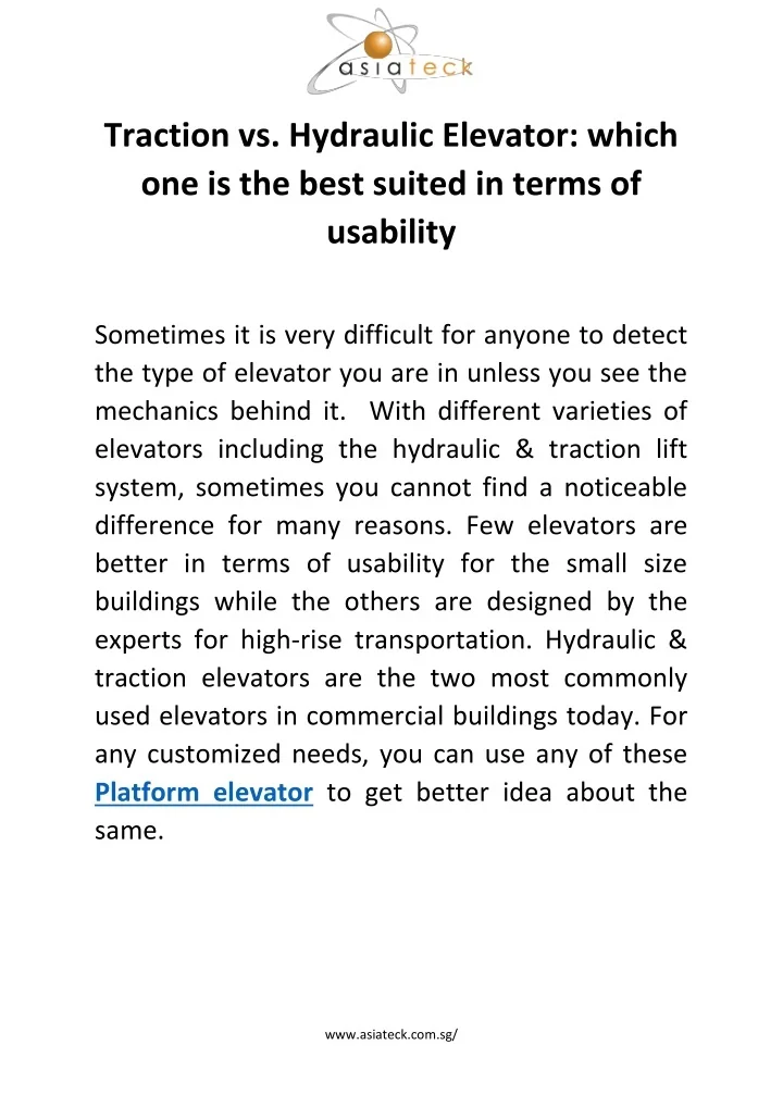 PPT Traction vs. Hydraulic Elevator which one is the best suited in