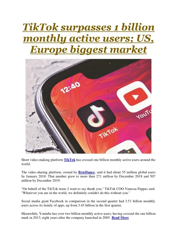 PPT TikTok Surpasses 1 Billion Monthly Active Users US Europe 