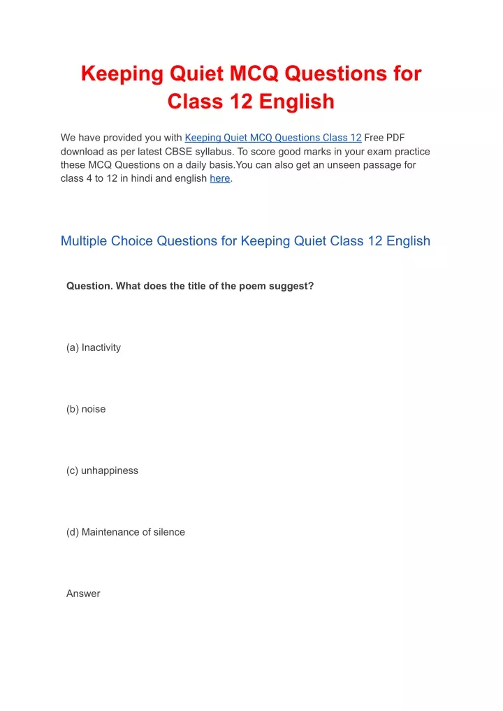 ppt-keeping-quiet-mcq-questions-class-12-english-free-pdf-download