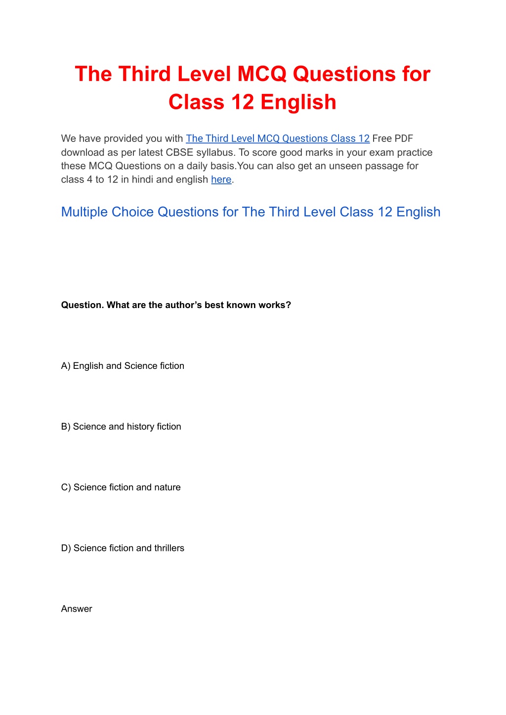 PPT - The Third Level MCQ Questions For Class 12 English Free PDF ...