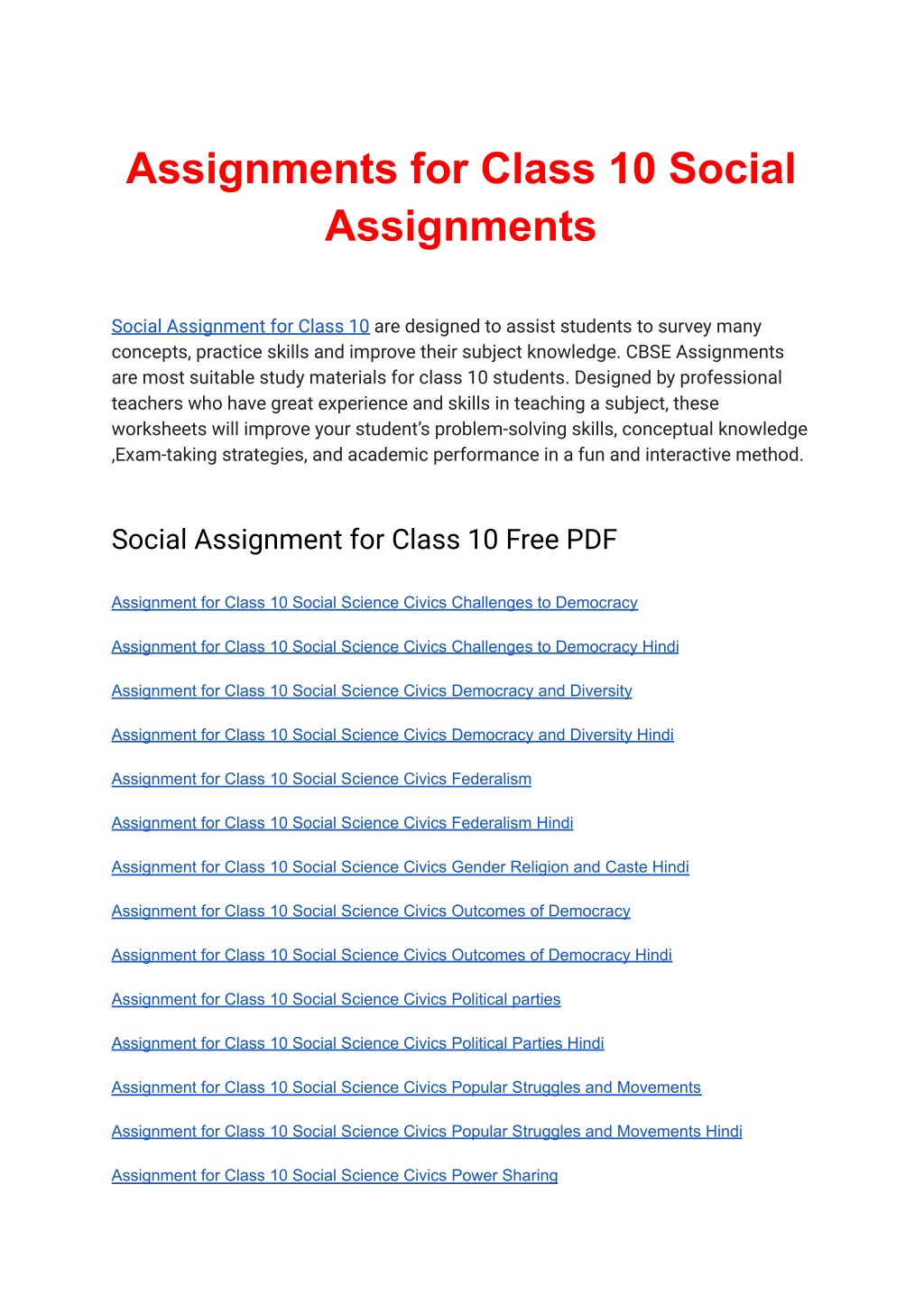 social assignment for class 10 answers