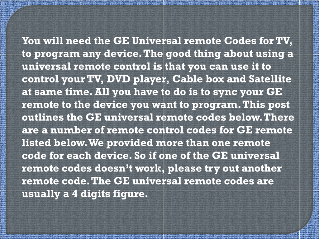 PPT GE Universal Remote Codes for all PowerPoint Presentation, free