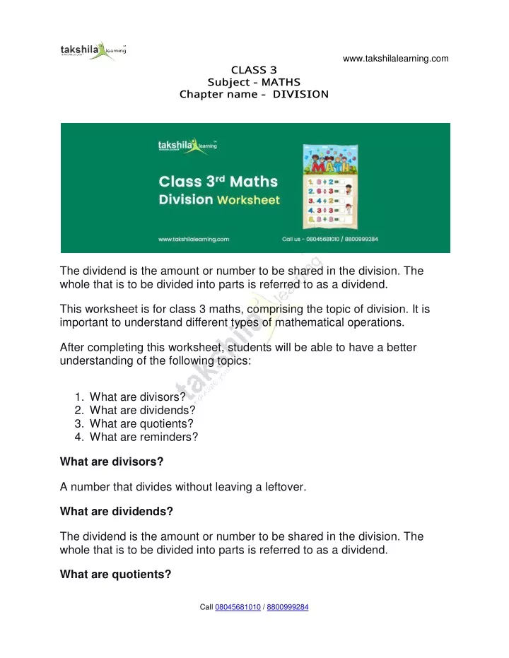 Live Worksheet For Class 3 Maths Division