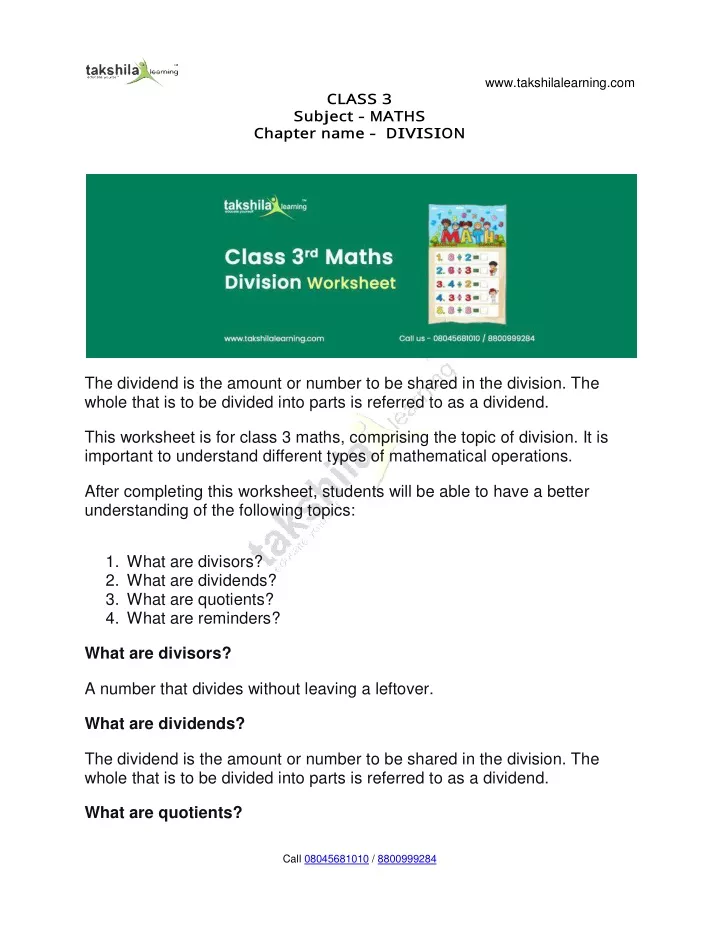 PPT Division Worksheet For Class 3 Maths Maths Excercise 