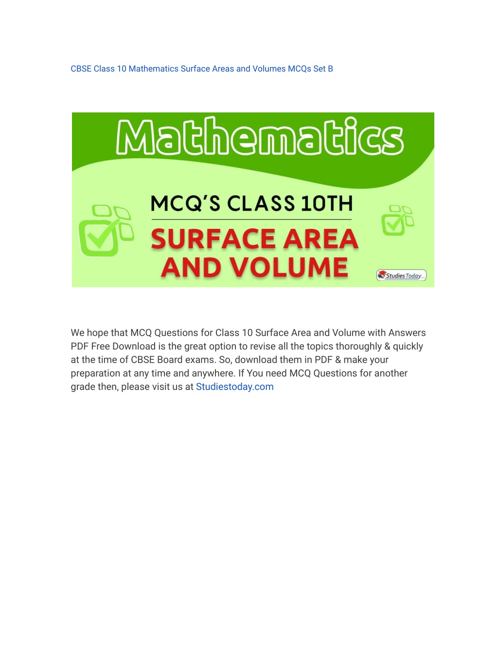 PPT - MCQs Class 10 Surface Area And Volume With Answers PDF Download ...