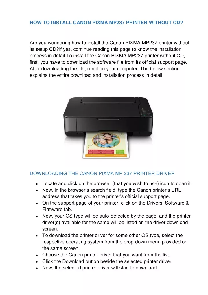 how to install canon pixma mp237 printer without cd