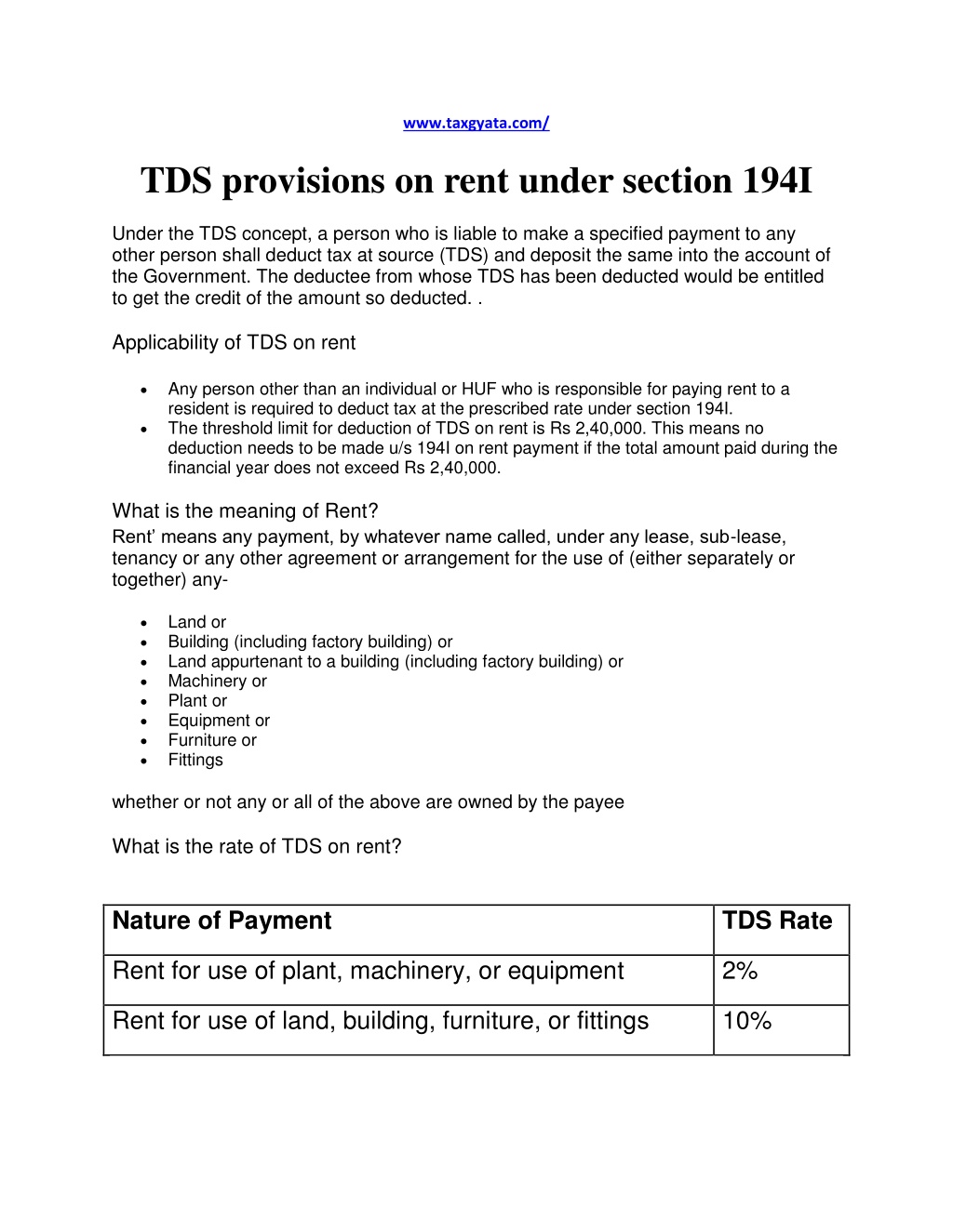 PPT - TDS On Rent Under Section 194I: Limit, Rate, Payment - TaxGyata ...