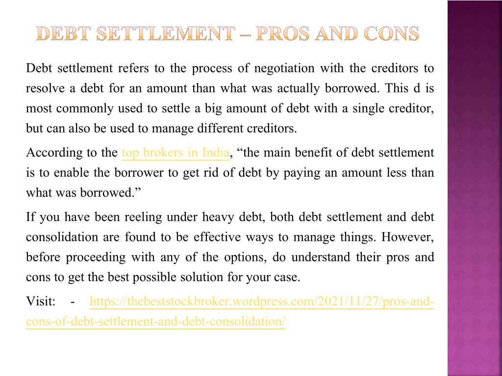 Ppt Pros And Cons Of Debt Settlement And Debt Consolidation Powerpoint Presentation Id10997728