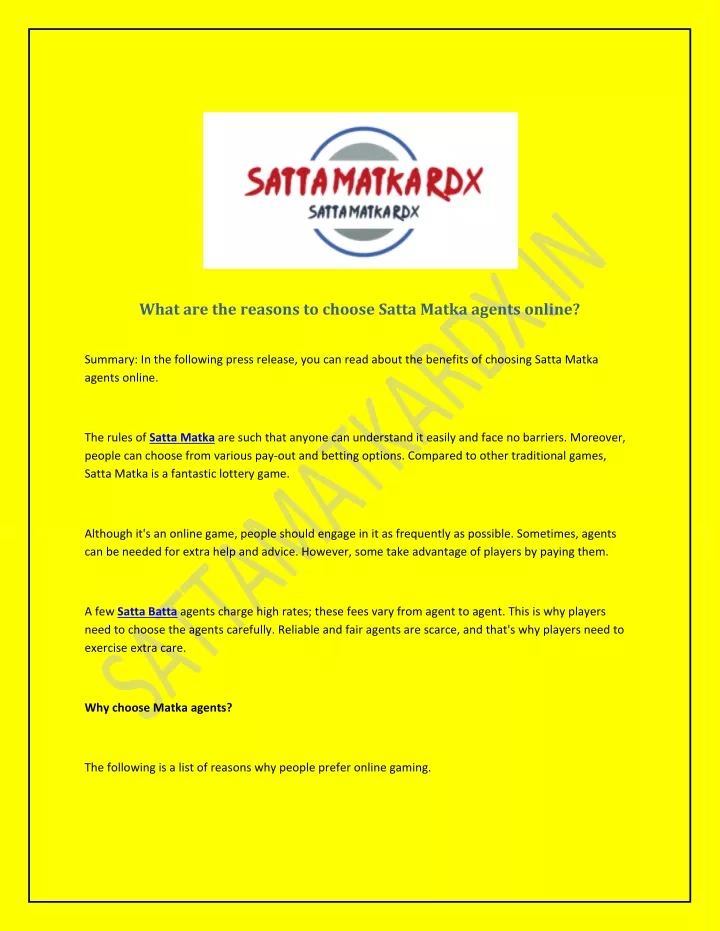 what are the reasons to choose satta matka agents n.