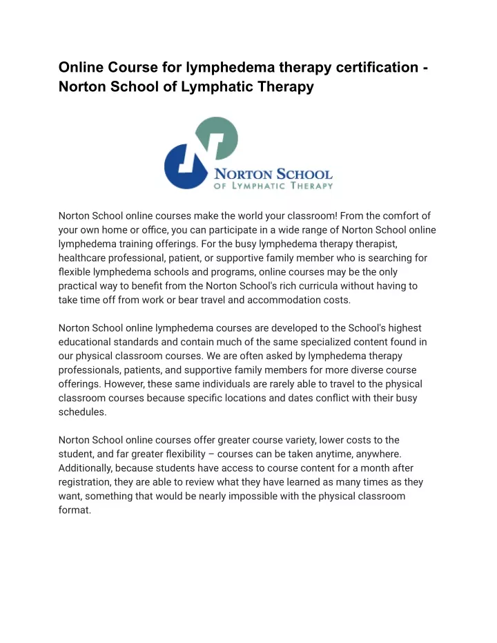 PPT Online Course for lymphedema therapy certification Norton
