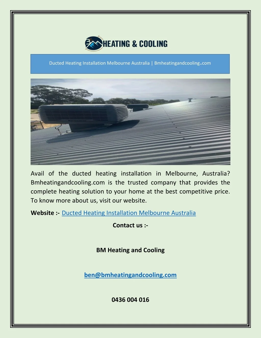 PPT Ducted Heating Installation Melbourne Australia