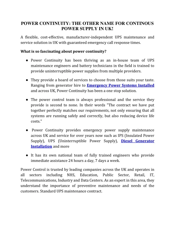 PPT POWER CONTINUITY THE OTHER NAME FOR CONTINOUS POWER SUPPLY IN UK 