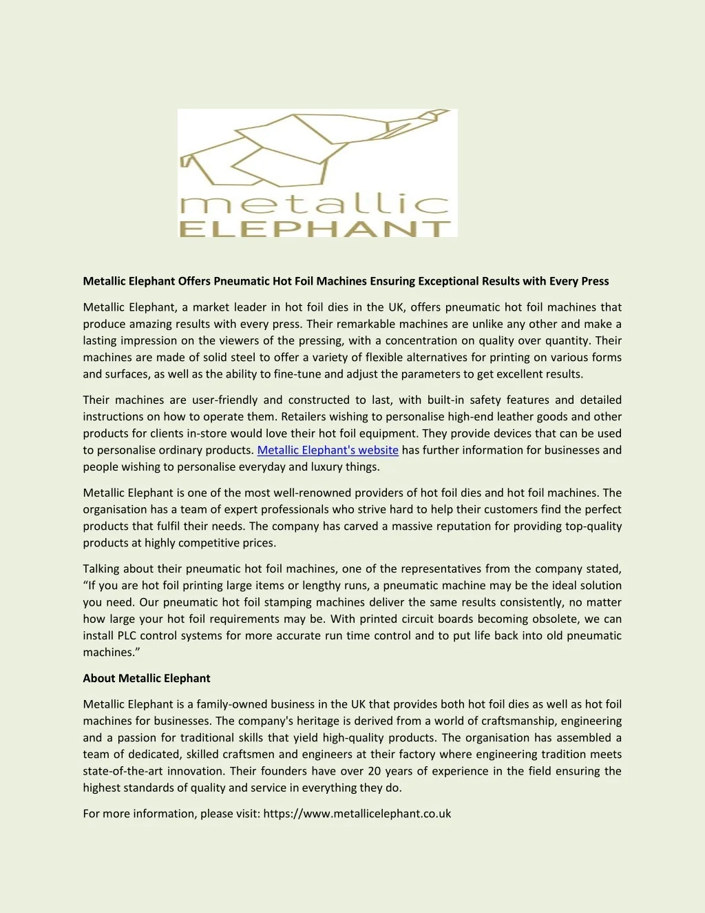 Metallic Elephant Machine PPT - Metallic Elephant Offers Pneumatic Hot Foil Machines Ensuring ...