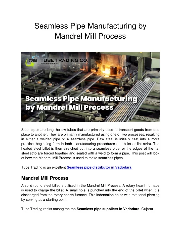 PPT Seamless Pipe Manufacturing by Mandrel Mill Process PowerPoint