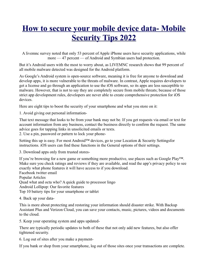PPT - How to secure your mobile device data- Mobile Security Tips 2022 ...