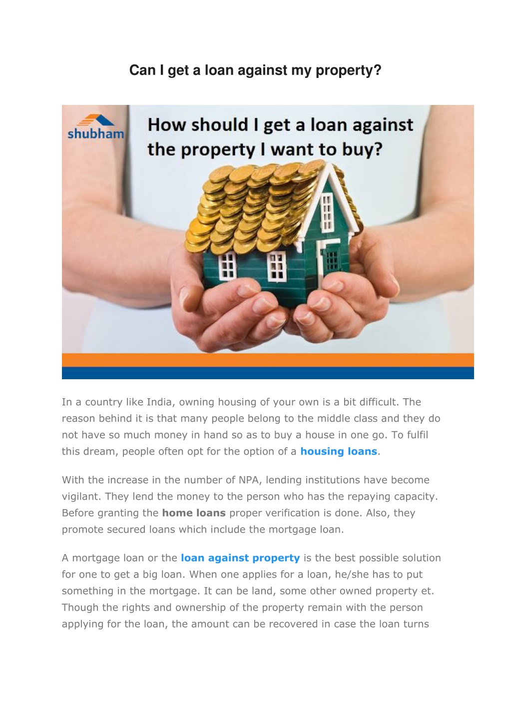 Get A Loan Against My House