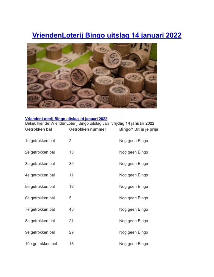 PPT VriendenLoterij Bingo uitslag 14 januari 2022 PowerPoint