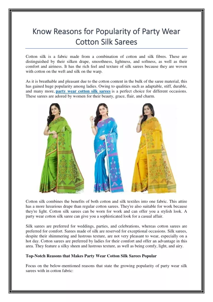 PPT - Know Reasons for Popularity of Party Wear Cotton Silk Sarees ...