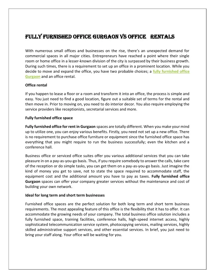 Fully Furnished Office Gurgaon Vs Office Rentals