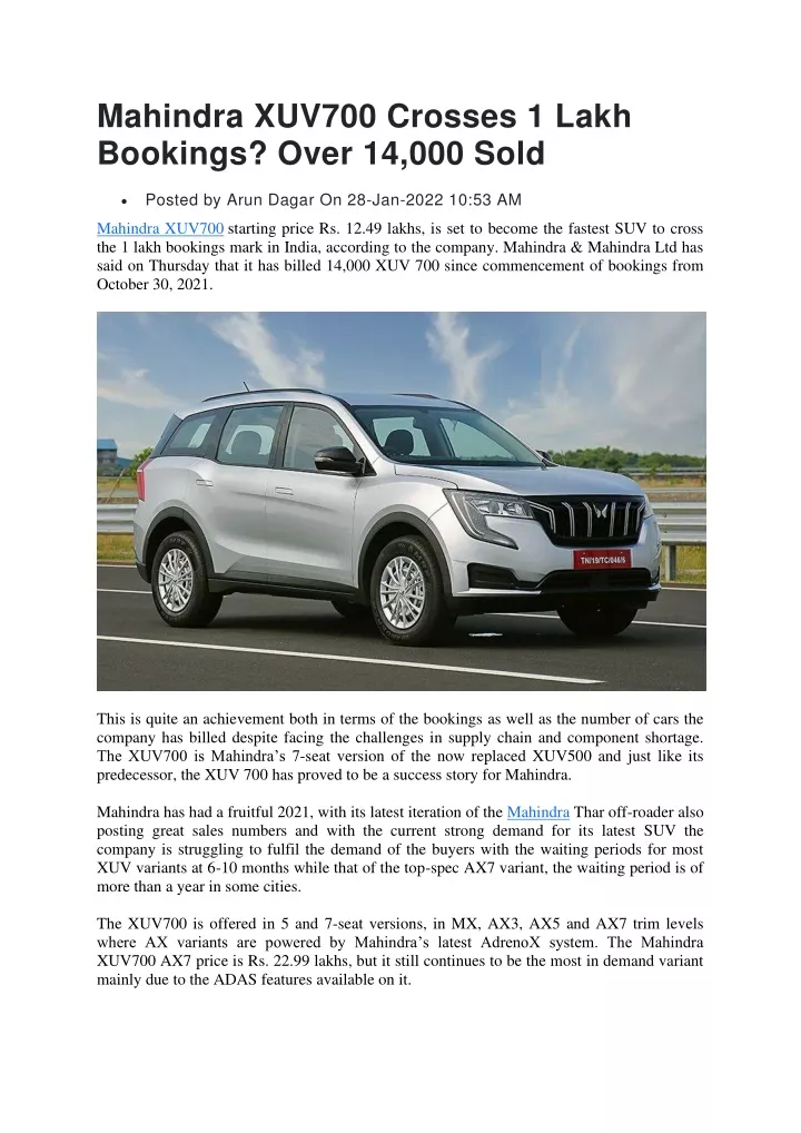 PPT - Mahindra XUV700 Crosses 1 Lakh Bookings Over 14,000 Sold ...