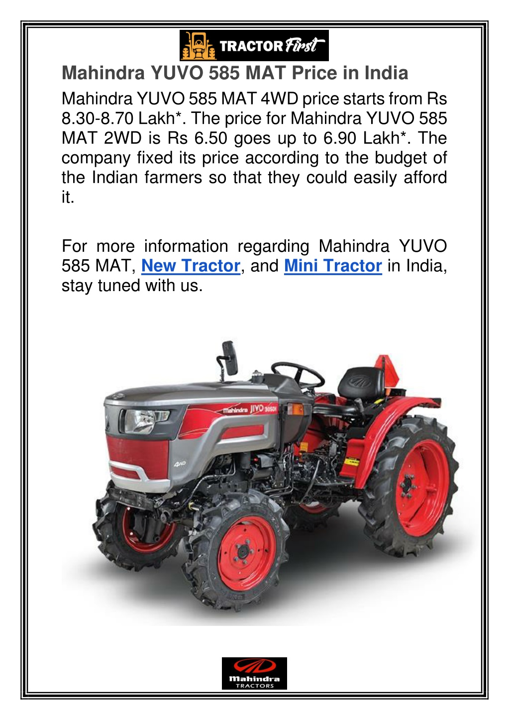 Ppt Mahindra Yuvo Mat Tractor In India Specifications